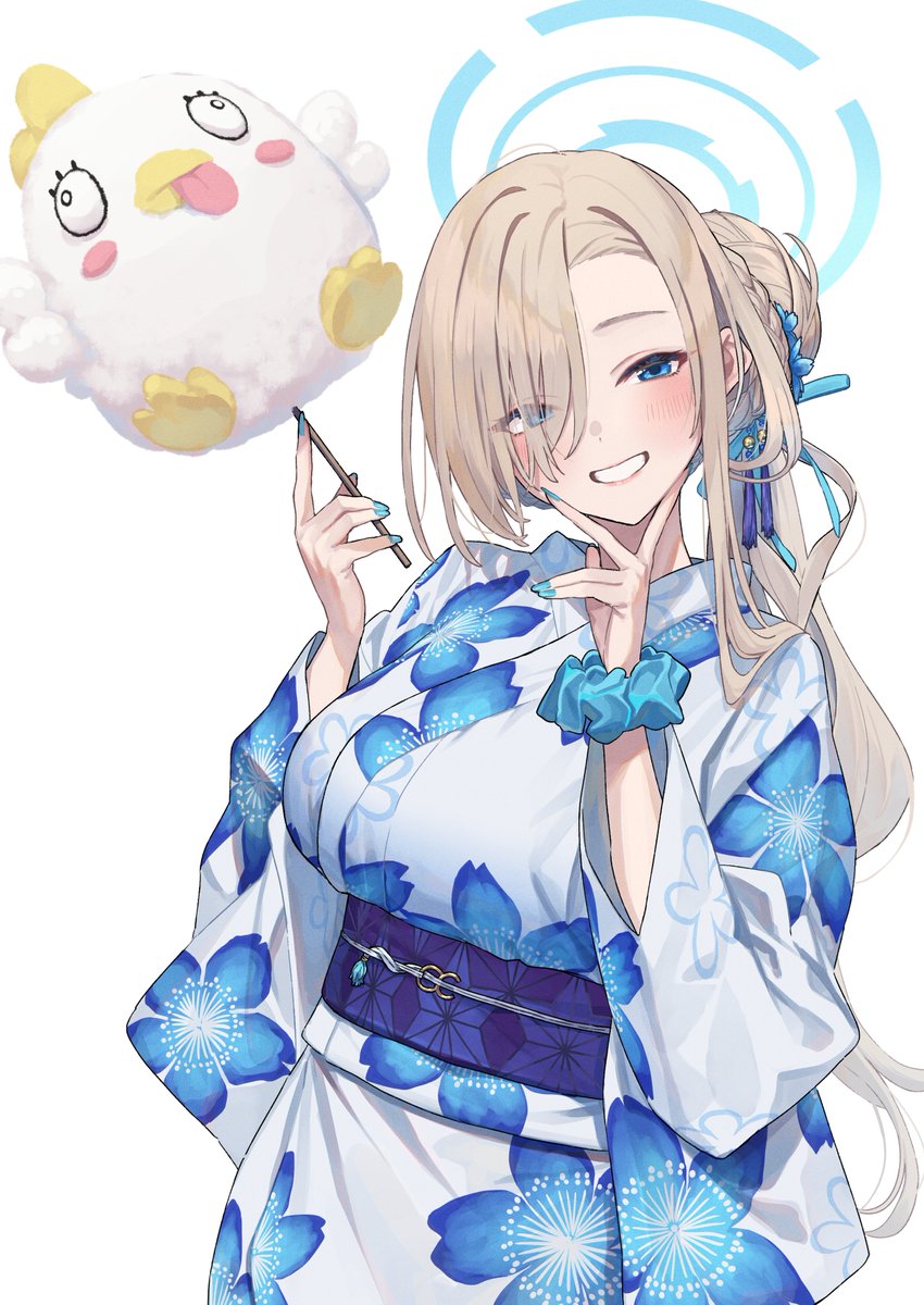 asuna (blue archive) 1girl kimono japanese clothes halo smile hair over one eye blue eyes  illustration images