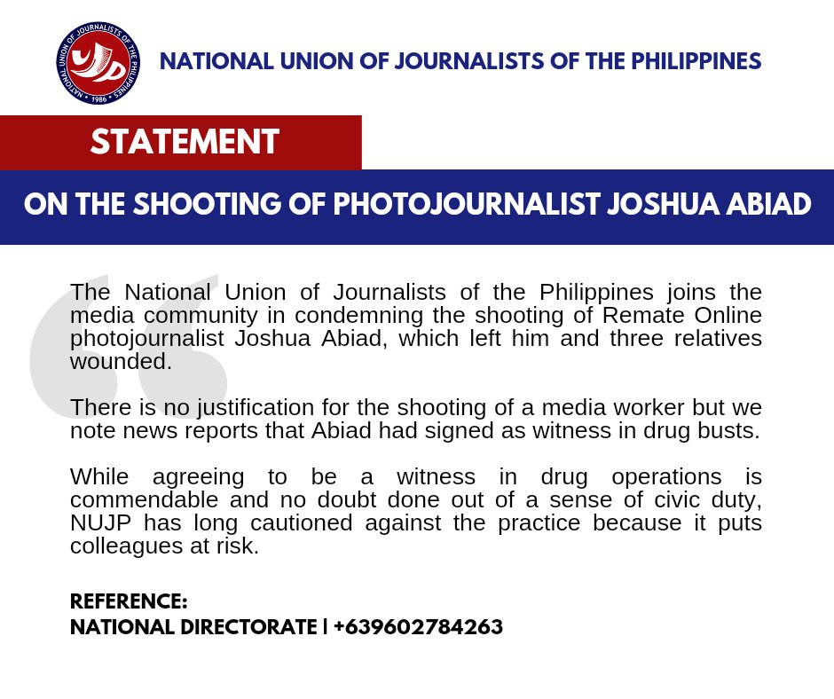 nujp's tweet photo. Statement | On the shooting of photojournalist Joshua Abiad

The National Union of Journalists of the Philippines joins the media community in condemning the shooting of Remate Online photojournalist Joshua Abiad, which left him and three relatives wounded. https://t.co/ZKZugG9Knm