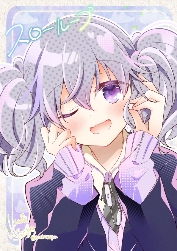 1girl one eye closed solo twintails purple eyes smile purple jacket  illustration images