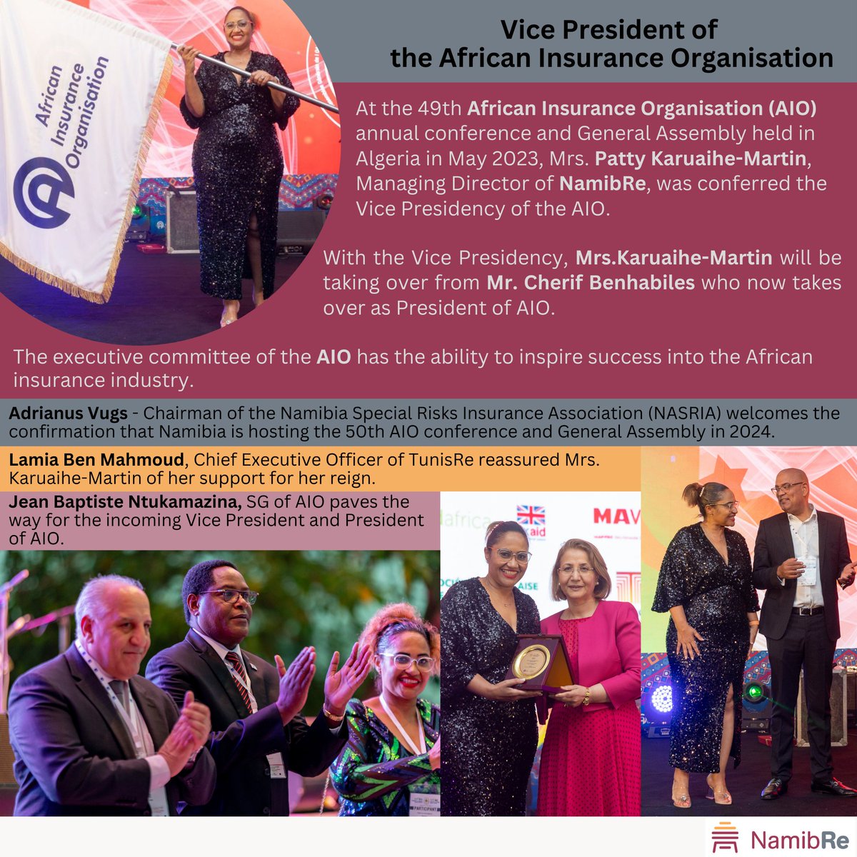 This amazing accomplishment is just one step on the NamibRe journey.

Congratulations to our Managing Director Patty Karuaihe-Martin on this incredible milestone!

#AIO2024 #leadership #insuranceindustry #africanexcellence #namibiaonthemap