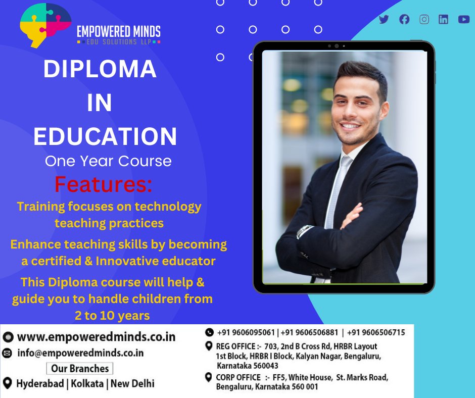 Diploma in Education, 1-year duration. Corresponding course type. Contact +91 9606095061, +91 9606506881, +91 9606506715 or email info@empoweredminds.co.in.
#BestOnlineCourses #DiplomaInEducation #empoweredminds #education #Diploma #DiplomaCourses #diplomaclass #diplomacollege