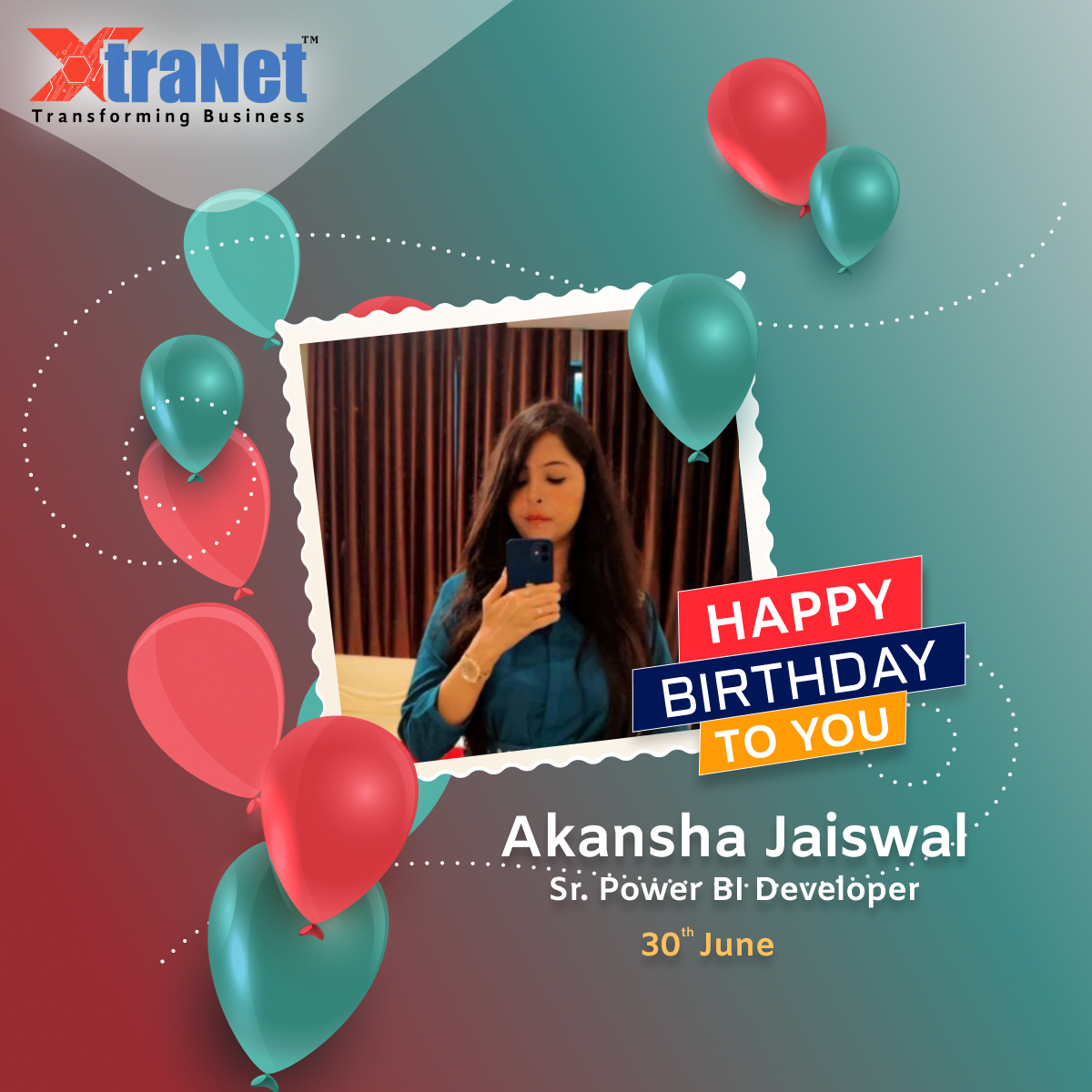 xtranetindia's tweet photo. Wishing you the best on your birthday and everything good in the year ahead. Team #xtranet wishes a very Happy Birthday to our Sr. Power BI Developer - Akansha Jaiswal
#birthdaywishes #XtraNet #happybirthday #xtranetindia #synergy #synergyplatform #LifeAtXtraNetIndia #bhopal https://t.co/X2WA7yXTIY