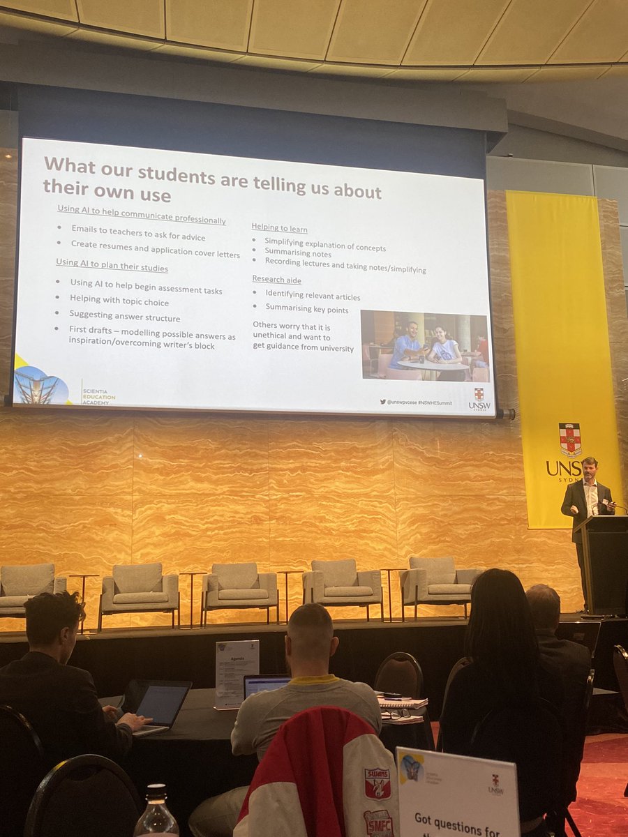 How are students using AI in higher Ed? Prof Alex Steel #NSWHESummit

🔹 using AI to help communicate professionally Eg resumes 
🔹 using AI to plan their studies Eg first drafts to model potential answers 
🔹 helping to learn Eg summarising notes 
🔹 research aid 

@unswpvcese