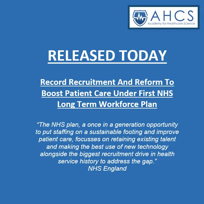 Record Recruitment And Reform To Boost Patient Care Under First NHS Long Term Workforce Plan has been released today.

For more information visit our website: ahcs.ac.uk/news-events/ne… 

#AHCS #HealthcareScience #NHS #NHSLongTermWorkforcePlan