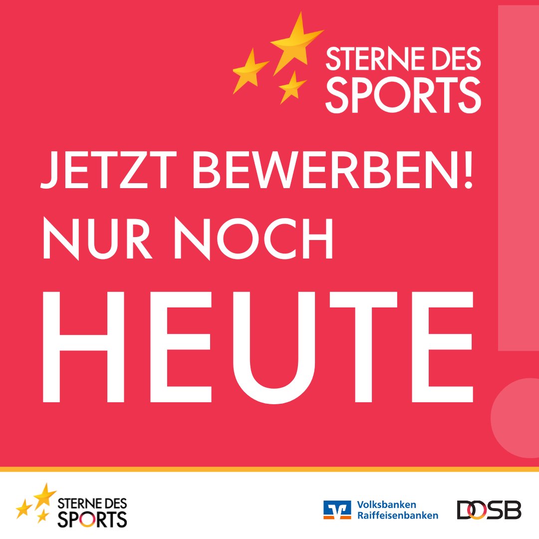 🚨EURE LETZTE CHANCE !🚨

Heute ist Bewerbungsschluss "Sterne des Sports" 2023.🤩

➡️Belohnt euch für eure Engagement und bewerbt euch noch schnell: 🔗sterne-des-sports.de/vereine/bewerb…

#SterneDesSports #Sterne2023 #EchtGoldWert #VieleSchaffenmehr #Volksbanken #Raiffeisenbanken