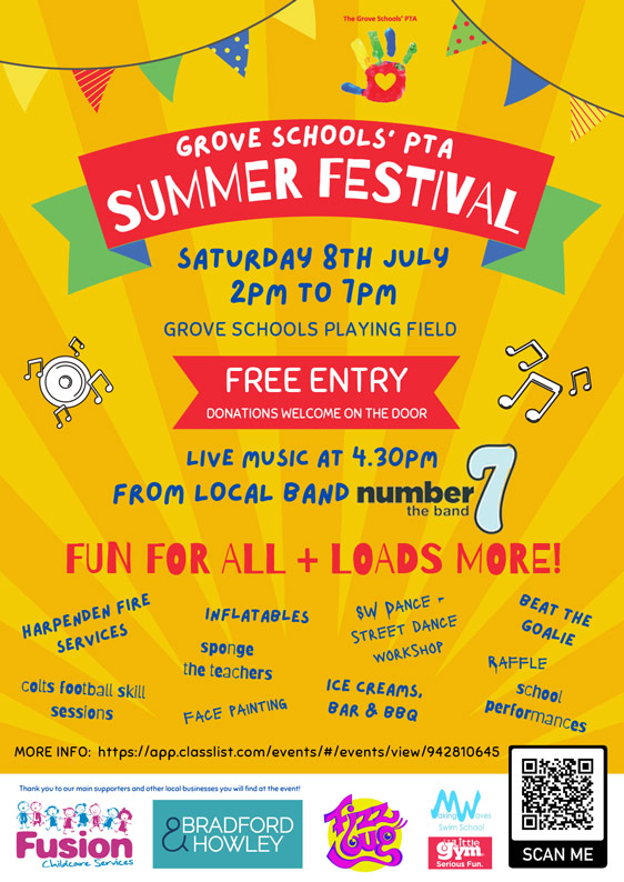 <a href="/Bradford_Howley/">Bradford & Howley</a> are proud to be sponsoring The Grove Schools Summer Festival. Pop down on Saturday 8th July,  2-7pm for live music, inflatables, beat the goalie, face painting and lots lots more!  🎉

#groveschool #groveschoolpta #familyfun #summerfestival #harpenden