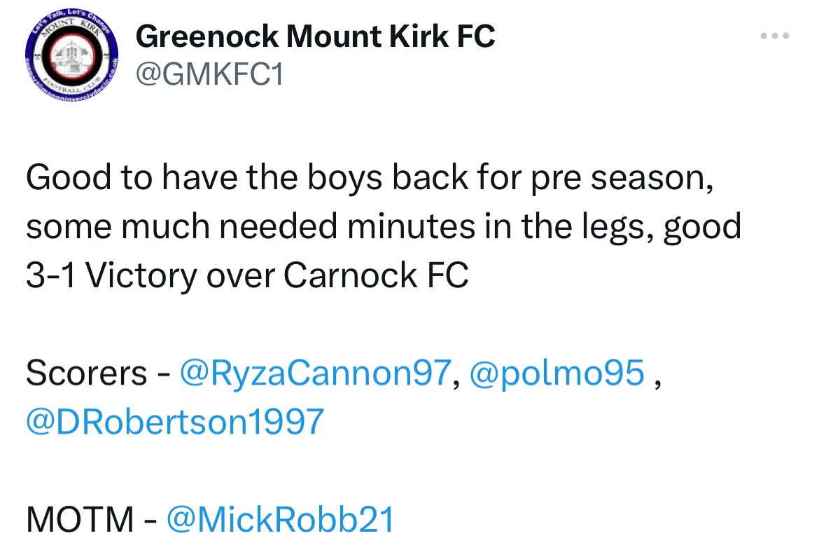 Stanley Simon (@gcfasportstan) on Twitter photo BREAKING NEWS
<a href="/GlasCollegesFA/">Glasgow Colleges FA</a> new boys <a href="/GMKFC1/">Greenock Mount Kirk FC</a> win 3-1 against Carnock FC in an early pre season friendly match.
<a href="/scottish_aff/">AmateurFixturesResultsSCO</a>
<a href="/FitbaFanatics/">FITBA FAN-ATICS 🏴⚽</a> BREAKING NEWS
<a href="/GlasCollegesFA/">Glasgow Colleges FA</a> new boys <a href="/GMKFC1/">Greenock Mount Kirk FC</a> win 3-1 against Carnock FC in an early pre season friendly match.
<a href="/scottish_aff/">AmateurFixturesResultsSCO</a>
<a href="/FitbaFanatics/">FITBA FAN-ATICS 🏴⚽</a>