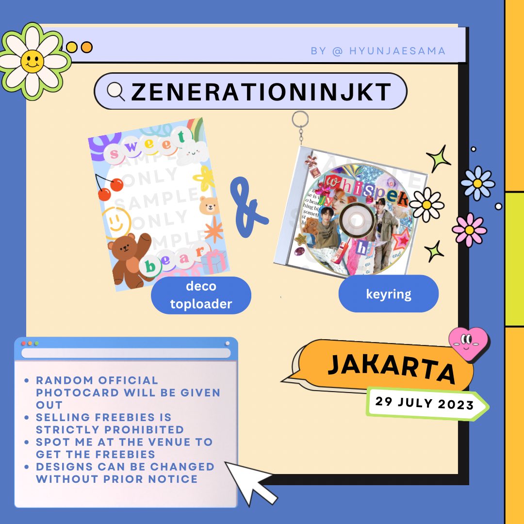 🩵 ZENERATIONINJKT FREEBIES🩵
by hyunjaesama

i will be giving out these freebies as well as random official photocard for deobis! ypu can spot me at the venue and say hi. exact location will be announced through this account as well🥰

#ZENERATIONinJAKARTA