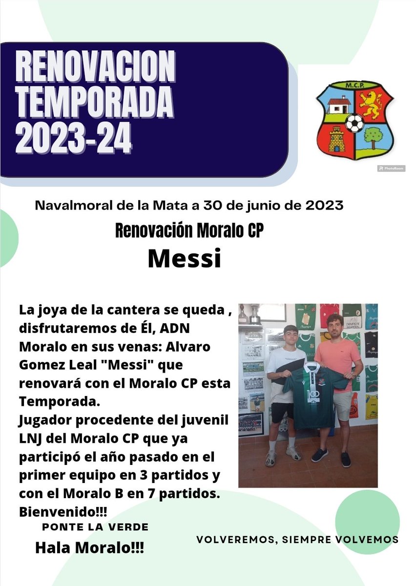 RENOVACIÓN MORALO CP TEMPORADA 2023-24 
La joya de la Cantera se queda con nosotros. Tras cumplir su ciclo de juvenil Álvaro Gómez Leal ha decidido continuar con Nosotros.
Gracias por elegirnos 🤡
