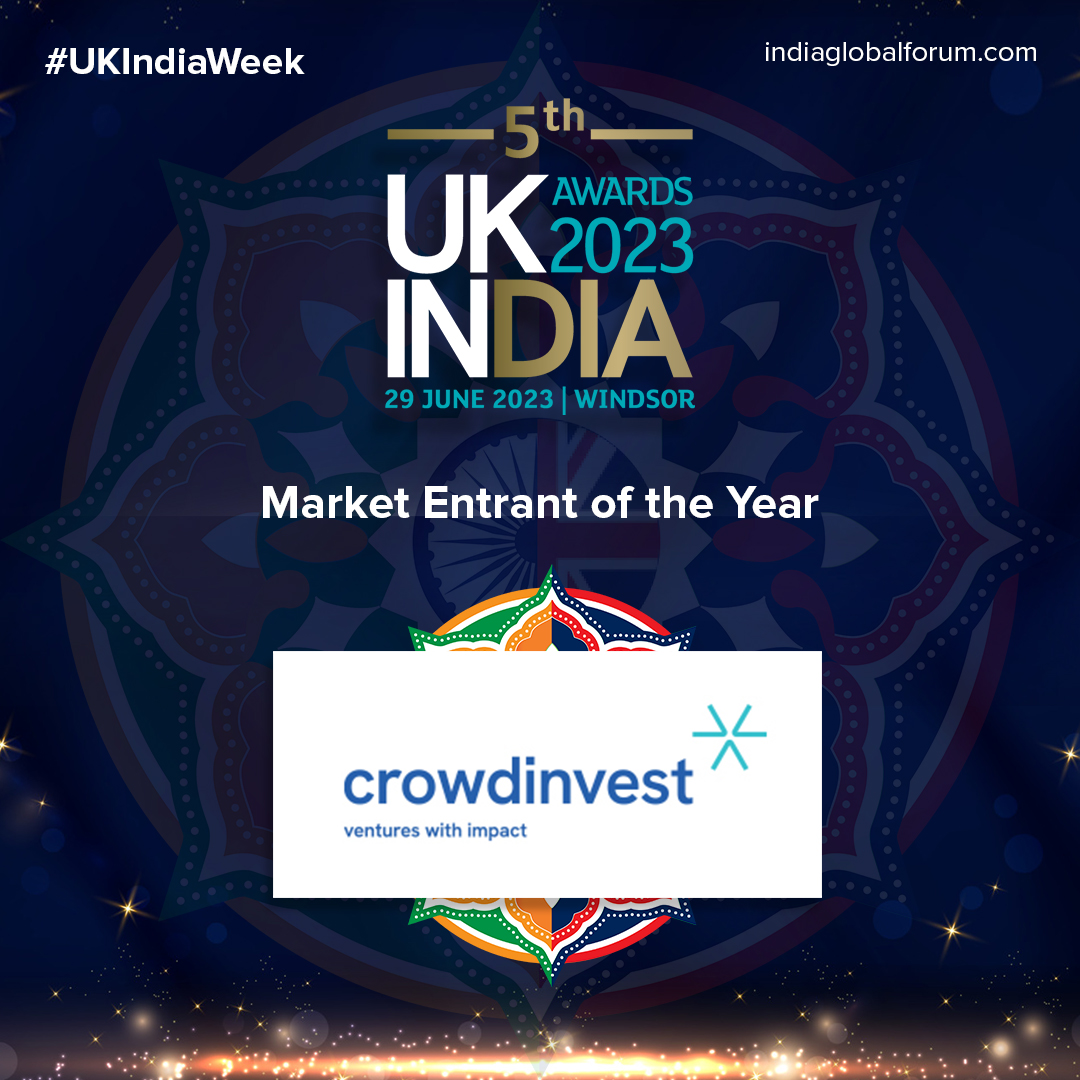 Congratulations to @crowdinvestnow on winning Market Entrant of the Year at the 5th Annual #UKIndiaAwards as a 🇬🇧-🇮🇳 cross-border regulated startup investment platform massively stimulating mainstream impact! Join the Conversation at #UKIndiaWeek: indiaglobalforum.com