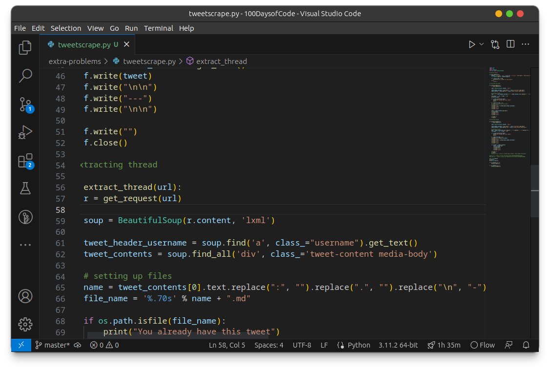 coding_theself's tweet photo. Day 29 of #100DaysOfCode :

- I have built an *nitter* tweet and thread extractor using python3.

- First, pass "a" if it's a single tweet or "s" if it's a thread then, pass the nitter url for the thread or tweet.

It will extract and create a markdown file name exactly the same. https://t.co/1jBiP3Jrv8
