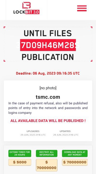 vxunderground's tweet photo. National Hazard Agency, a sub-clique of Lockbit ransomware group, has ransomed TSMC (Taiwan Semiconductor Manufacturing Company).

The company has an estimated annual revenue of $57,220,000,000.

National Hazard Agency is ransoming them for $70,000,000. https://t.co/bXjzQ7SSXU