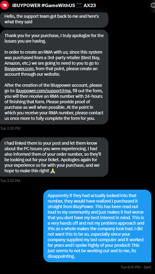 FrostedFricks's tweet photo. @iBUYPOWER  if this is the customer support you offered I think I'll see if maybe someone else can handle this situation. It has been 3 days since you've responded and this seems to be the only way to get a hold of you. This looks terrible. https://t.co/V8cAm3vpng