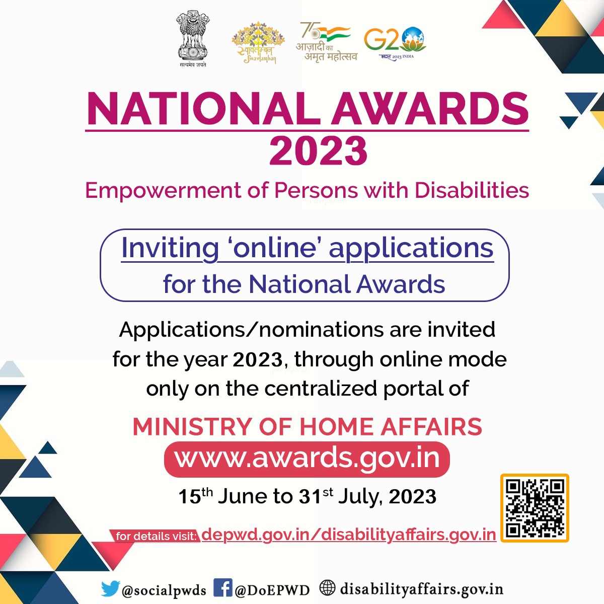 socialpwds's tweet photo. #NationalAwards2023 for Empowerment of Persons with Disabilities | Inviting 'online' applications for the National Awards through online mode only on the centralized portal of #MHA at https://t.co/BOYsy8kZW1 

@PMOIndia 
@Drvirendrakum13 @RamdasAthawale @ANarayana_swamy @PratimaBhoumik 
@PIB_India