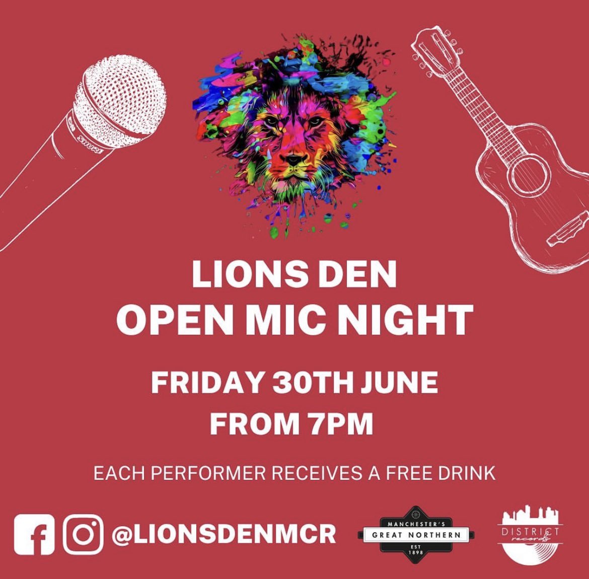 🚨 Announcement 🚨
Friday 30.06.23 10pm  #FreeEntry‼️
Welcome to the @lionsdenmcr <a href="/JakeDorsman/">Jake</a>  <a href="/GNWManchester/">GNWManchester</a> 
playing all your favourite indie rock 'n' roll bangers from 10pm till late 👌🏼

🍻🍺🍻 after Sound Of The City 🎶 
.
#sotc #soundsofthecity  #preparty #afterparty #mcr