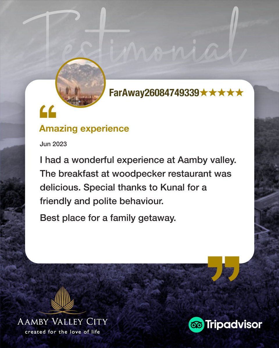 AambyV's tweet photo. Delving into delightful guest stories at Aamby Valley City. A huge thanks for sharing your wonderful experience and applauding our staff member, Kunal. Your joy is our reward. #AambyValleyCity #GuestReviews #CreatingMemories #ServiceExcellence #JuneVisit #AmazingExperience https://t.co/hnhW7AXsnm