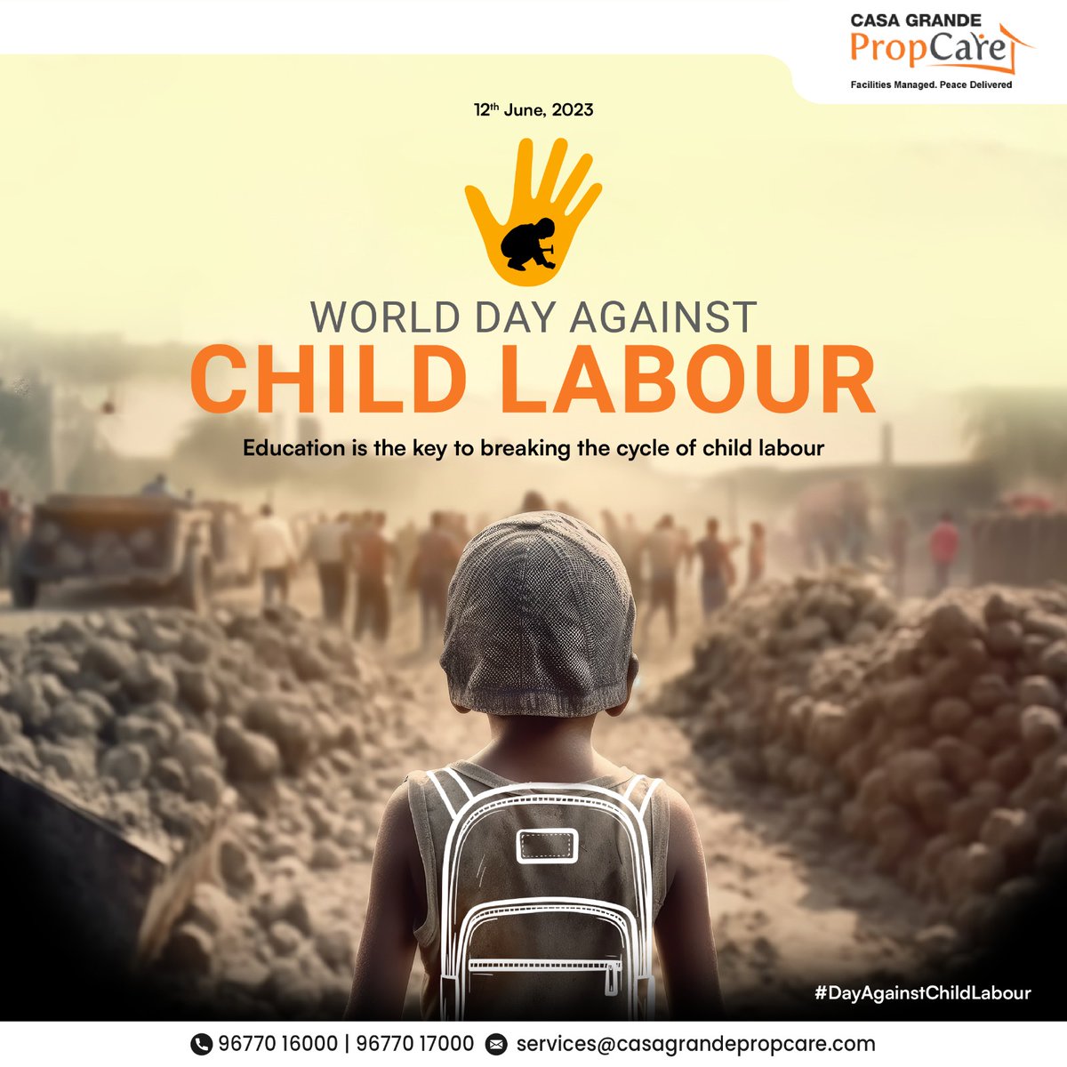 Every child deserves a childhood, not a burden. 💔✋ Join us in raising awareness and taking action against child labour on this World Day Against Child Labour. Let's work together to create a brighter future for every child. 🌟

#Casagrandepropcare #EndChildLabour