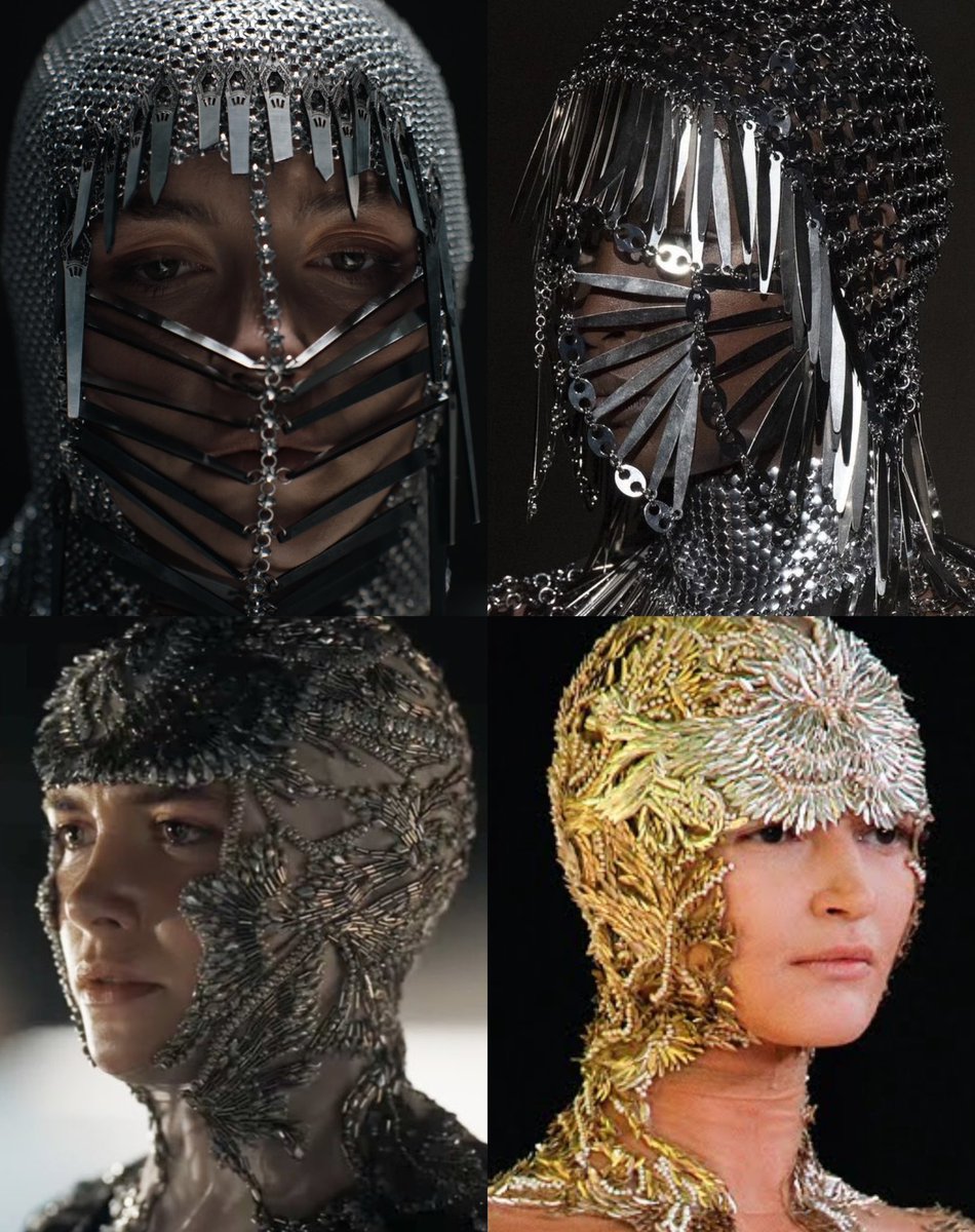 florence pugh with couture headpieces from paco rabanne and alexander mcqueen in ‘dune: part two’