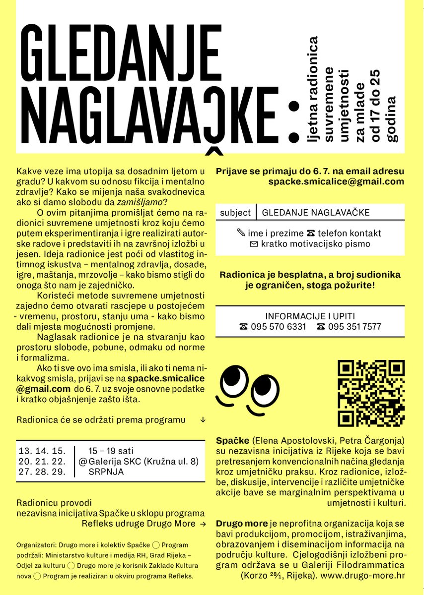Ako netko na lajni poznaje omladinu između 17 i 25 godina koja bi bila zainteresirana za ovu super radionicu suvremenih umjetničkih praksi, cijenit ćemo dijeljenje informacije! drugo-more.hr/gledanje-nagla…