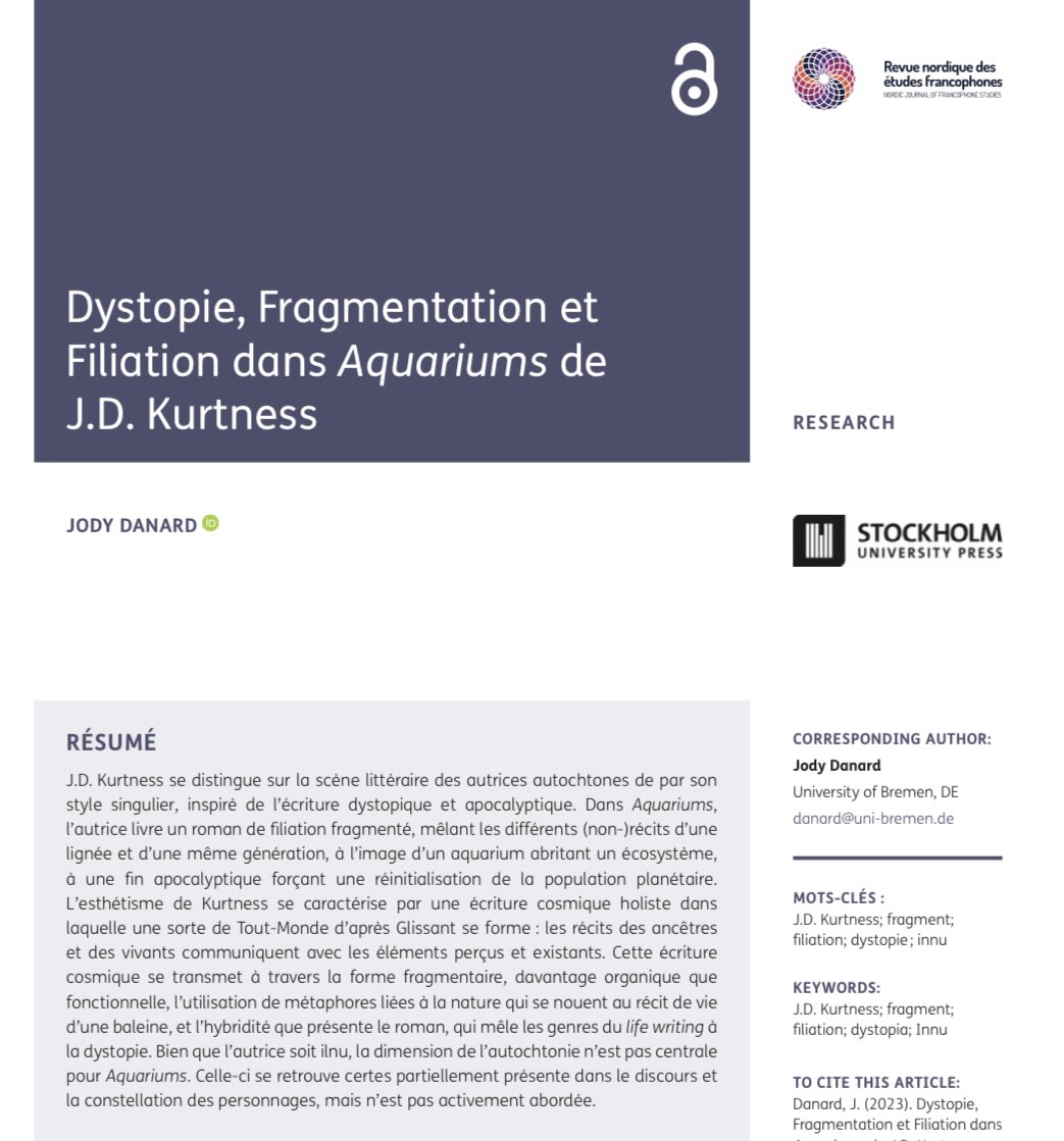 jody_danard's tweet photo. Quels rôles jouent la dystopie, fragmentation et la filiation dans le roman Aquariums de J.D Kurtness?
C’est ce que j’ai analysé dans mon article fraîchement paru à la Revue nordique des études francophones! 

👉🏻 https://t.co/dtd6T9XQl4 https://t.co/LLyL9JUorQ
