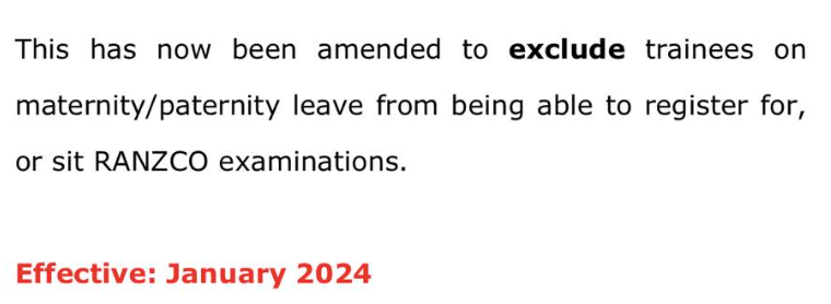 .@RANZCOeyedoctor Is it true that RANZCO excludes trainees on parental leave from being able to sit their exams? Does this not represent discrimination on the basis of being a parent? #medtwitter
