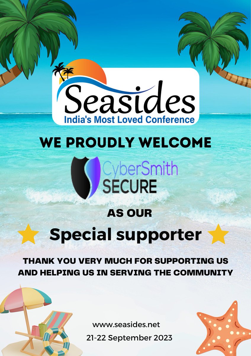Seasides (@seasides_conf) on Twitter photo We proudly welcome <a href="/CyberSmithSECUR/">CyberSmithSECURE</a> as a special supporter of <a href="/seasides_conf/">Seasides</a>
Thank you so much <a href="/Smithgonsalves/">Smith Gonsalves</a> for your contribution
#seasides #infosec #cybersecurity We proudly welcome <a href="/CyberSmithSECUR/">CyberSmithSECURE</a> as a special supporter of <a href="/seasides_conf/">Seasides</a>
Thank you so much <a href="/Smithgonsalves/">Smith Gonsalves</a> for your contribution
#seasides #infosec #cybersecurity