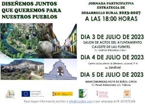 divaladl's tweet photo. El Grupo de Acción Local (GAL) #Rurable organiza 3 jornadas de participación para definir su estrategia de desarrollo #rural 2023-27.
3 de julio en #Caudetedelasfuentes, 4 de julio en #Jarafuel y 5 de julio en #Yátova.
Inscríbete en info@rurable.com https://t.co/ksA8bjuLiv