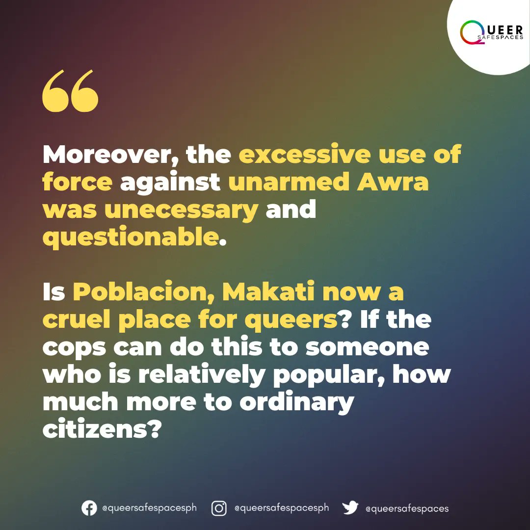 queersafespaces's tweet photo. QUEER SAFE SPACES STATEMENT ON AWRA BRIGUELA’S ARREST

"HINDI NATATAPOS ANG LABAN SA PRIDE MONTH.

Queer Safe Spaces condemns the Makati Police for violently apprehending Awra, who only defender her friends against harassers.

It is scary and disguting how the Makati Police + https://t.co/6wurkhuc6h