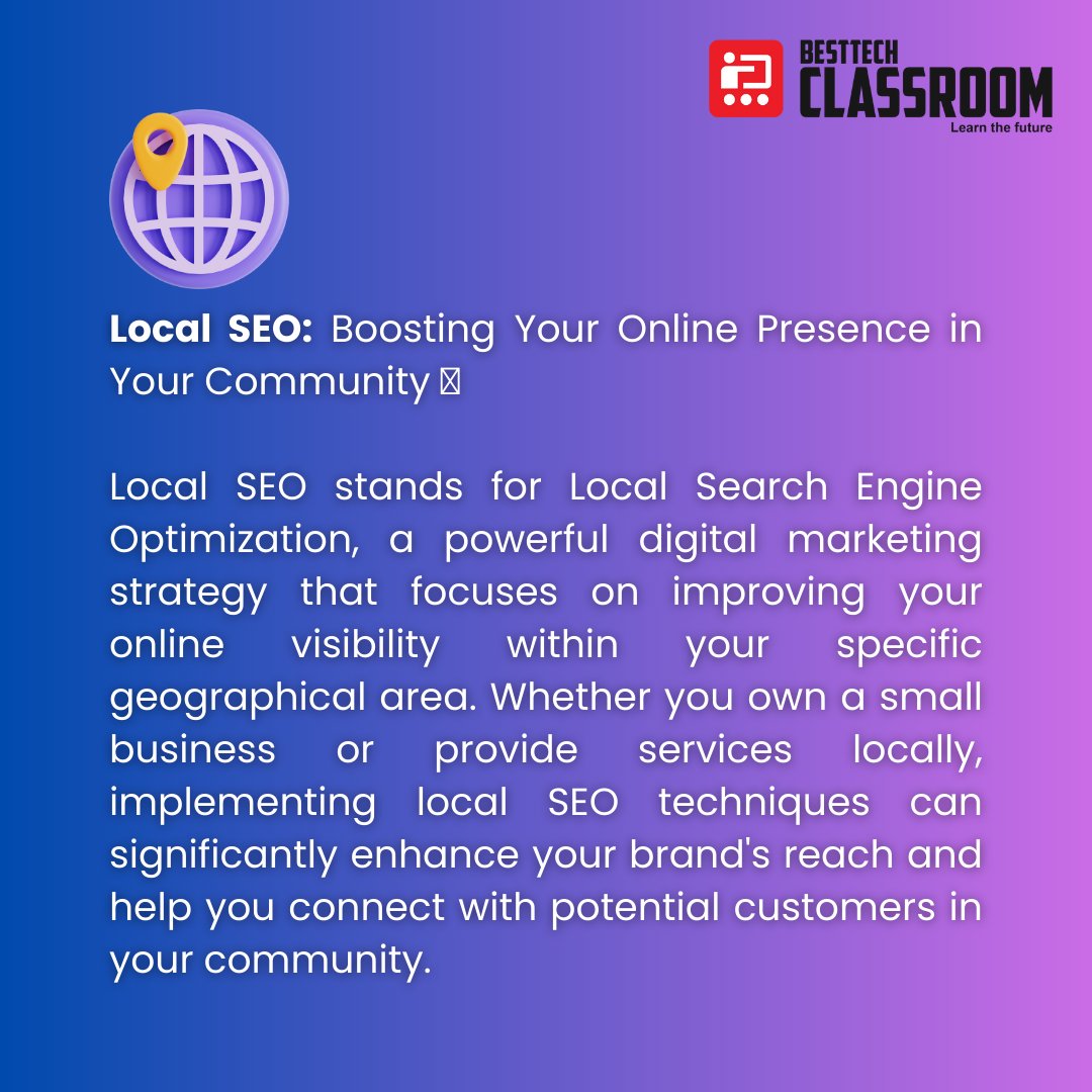 Local SEO: Boosting Your Online Presence in Your Community 🌍

#SEO #searchengineoptimization #seocourse #ranking #googlesearch #searchranking #offlineclass #freecourse #classroom #besttech #digitalmarketing #digitalmarketingcourse #itsoftwaretraining #itcourse #jobchange #itjob