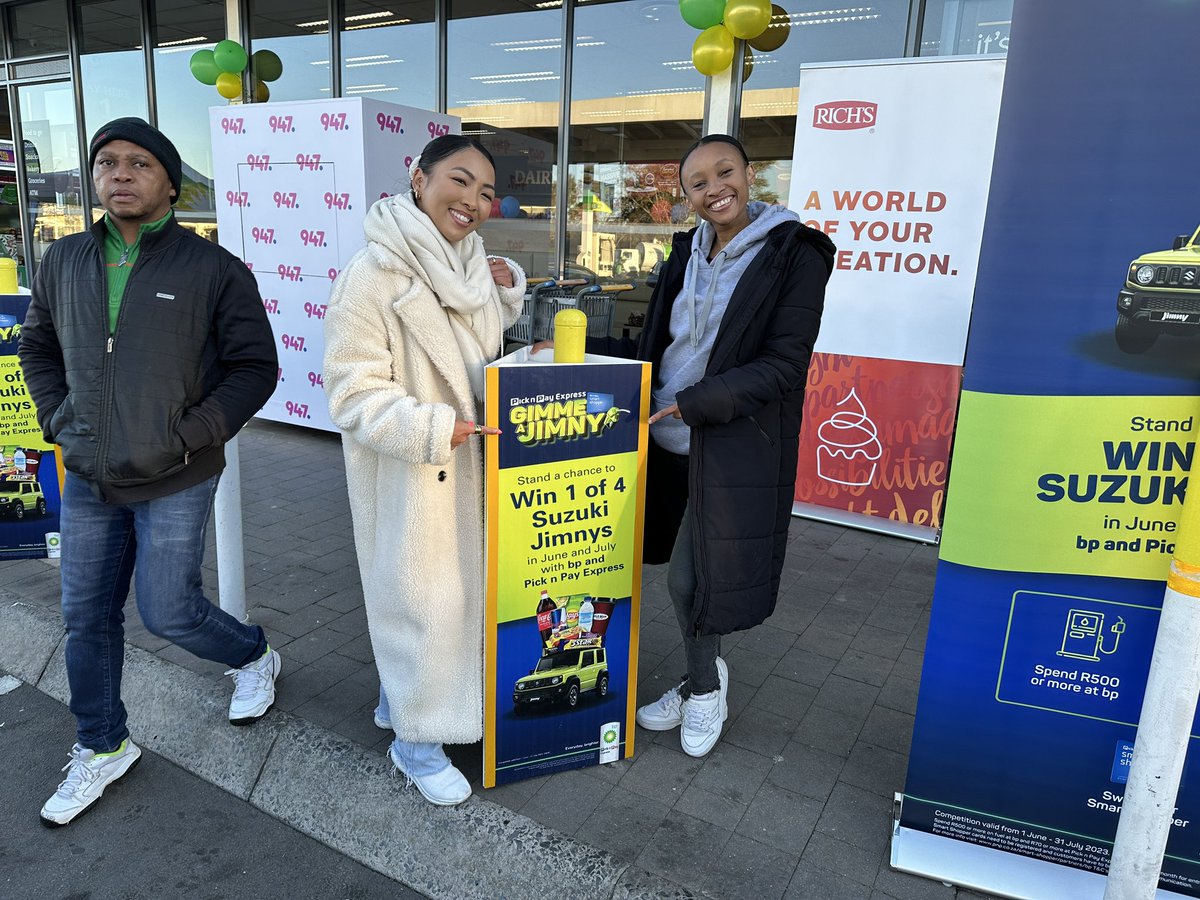 947's tweet photo. @bp_SouthAfrica @PicknPay Looking for a new car? 
Stand a chance to WIN a Suzuki Jimny GLX with @bp_SouthAfrica &amp; @PicknPay.   

#AneleAndTheClubOn947 are LIVE from bp Broadacres &amp; you stand a chance to WIN R30,000 in fuel &amp; food vouchers. 
Bring a can or two to donate. 

#GimmeAJimny #PnPExpress #bp https://t.co/MFZCPTuYd9