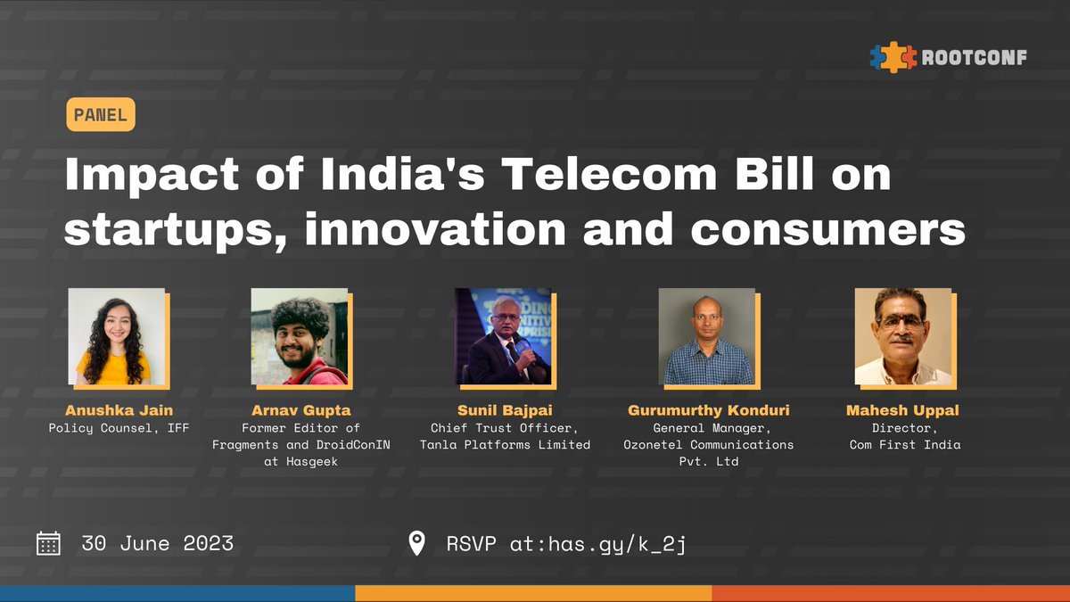 discussing the #TelecomBill from various angles will be <a href="/iamanushkajain/">Anushka Jain</a> <a href="/championswimmer/">Arnav Gupta</a>, Gurumurthy Konduri <a href="/sunilbajpai/">Sunil Bajpai</a> &amp; <a href="/maheshuppal/">Mahesh Uppal</a> 

<a href="/hasgeek/">Hasgeek</a> <a href="/internetfreedom/">Internet Freedom Foundation (IFF)</a> <a href="/kaarana_/">Kaarana</a>