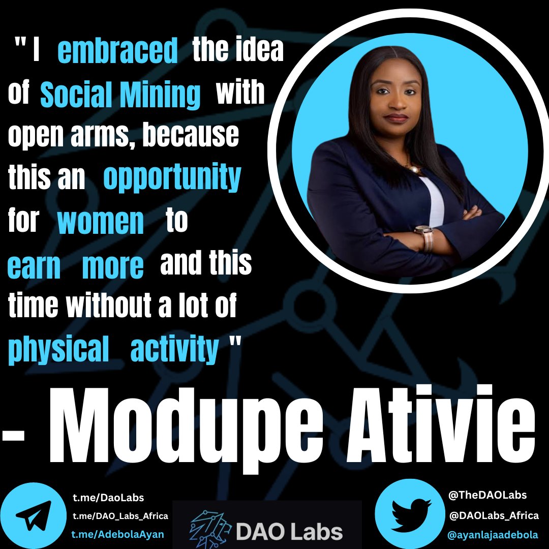 AyanlajaAdebola's tweet photo. Social Mining is a great opportunity to empower women according to @AtivieModupe who is the founder of @GBWA_blockchain. Women can also start working and earning from home through #SocialMining 💃💃

#DAOVERSE #DAOLabs #ILO #SocialMining @TheDAOLabs #TheDAOLabs $LABOR https://t.co/ukPKRGku0c