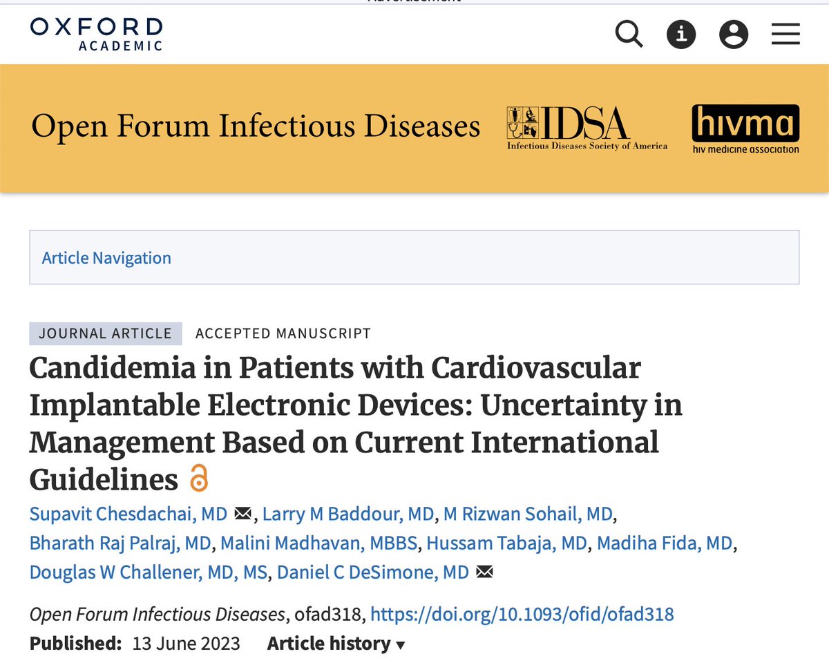 #Candidemia in Patients with Cardiovascular Implantable Electronic Devices #CIED #IDtwitter #CIEDInfection @BCMIDFellowship @MayoClinicINFD  
academic.oup.com/ofid/advance-a…