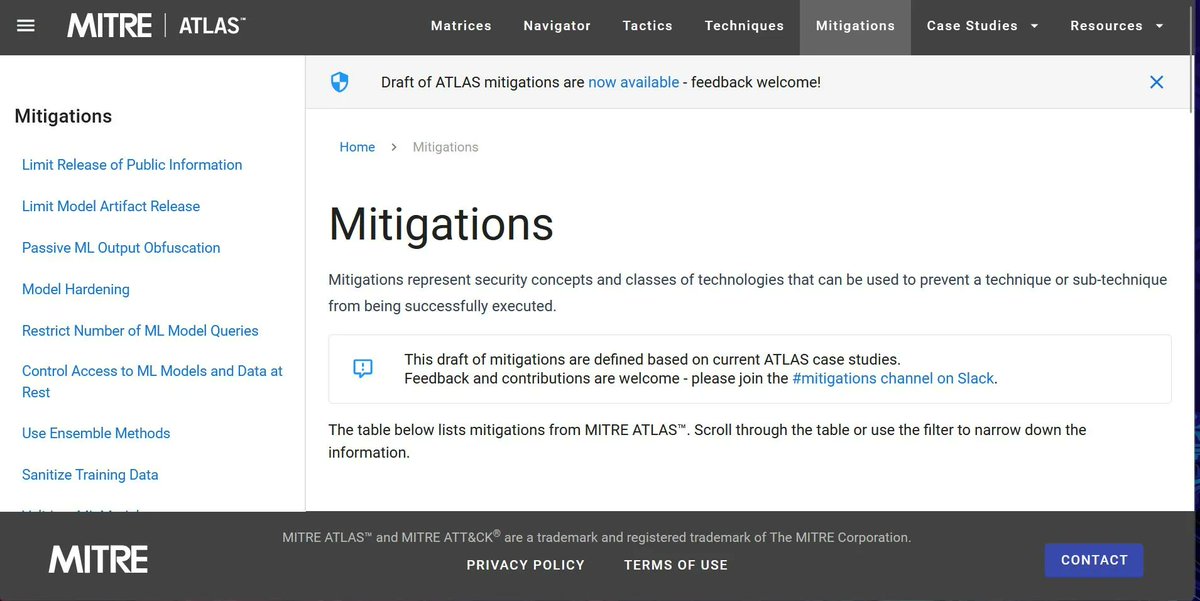 MITRE ML Security Mitigations 🥷 The article outlines a set of security mitigation strategies for machine learning systems based on MITRE ATLAS case studies. atlas.mitre.org/mitigations/ #ML #MachineLearning #ArtificialIntelligence #AI #MLOps #AIOps #DataOps #augmentedintelligence