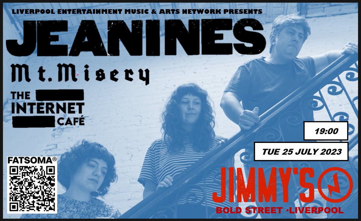 Tuesday 25th July at @JimmysLiverpool 
<a href="/jeanines_nyc/">jeanines</a> 
<a href="/mtmiseryband/">Mt. Misery</a> 
Tickets available now on Fatsoma:

fatso.ma/XRle
