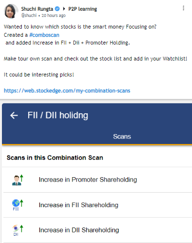 StockEdgeClub's tweet photo. One can use this combo scan by our expert @shuchi1114 in StockEdge Social to find promoter holding & institutional holding stocks.
Subscribe to StockEdge Club & use coupon code SAVE30 to get 30% off.
👉https://t.co/8Ozip43IGh
#StockEdgeClub #ComboScan https://t.co/YZX3LMZybZ