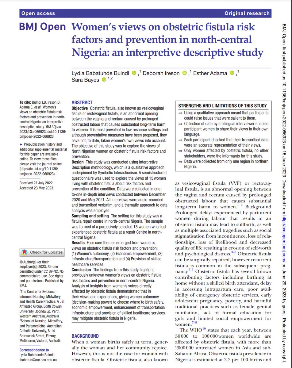 lydiabulndi's tweet photo. @lydia_bulndi 
Happy to share our new article on women's view of obstetric fistula risk factors and prevention. https://t.co/vBqFRnlYrc Thanks to my fabulous superviors @IresonDeb,@Prof_Bayes and Dr. Esther Adama and @NurseMidwifeECU https://t.co/fAzknkcwvD