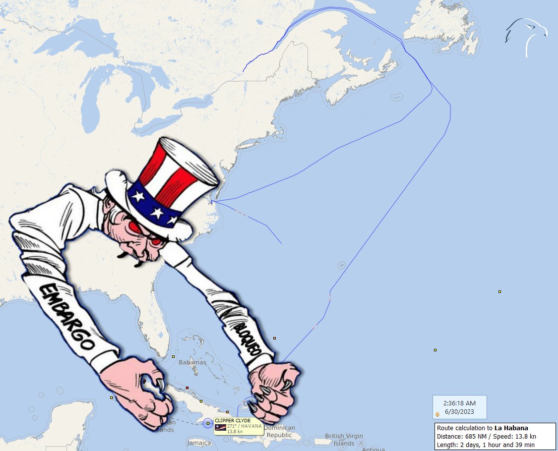 FlconEYES's tweet photo. #CLIPPERCLYDE 9455911
1er viaje a #Cuba
#EMBARGOCUBA 🤣el @PartidoPCC comprando en #USA 

#Norfolk, #EEUU-#Montral, #Canada-#Habana
Otro buque anteriormente en la misma ruta, presuntamente entró con trigo. 

Cala: 8.5/10m
Cap: 40,000 TM
#Now #AIS #cubarcos #30Jun https://t.co/yiEEGAEc14
