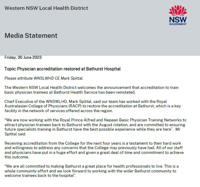 Physician accreditation restored at Bathurst Hospital