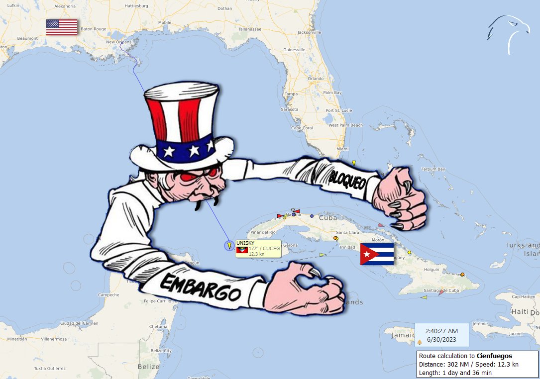 FlconEYES's tweet photo. #UNISKY 9356414
1er viaje a #Cuba 

#EMBARGOCUBA 🤣el @PartidoPCC
comprando en #USA 

#NewOrleans, #EEUU-#Cienfuegos

Cala: 4.8/7.3m Cap: 6,000 TM 
#Now #AIS #cubarcos #30Jun https://t.co/fczubiUh2c
