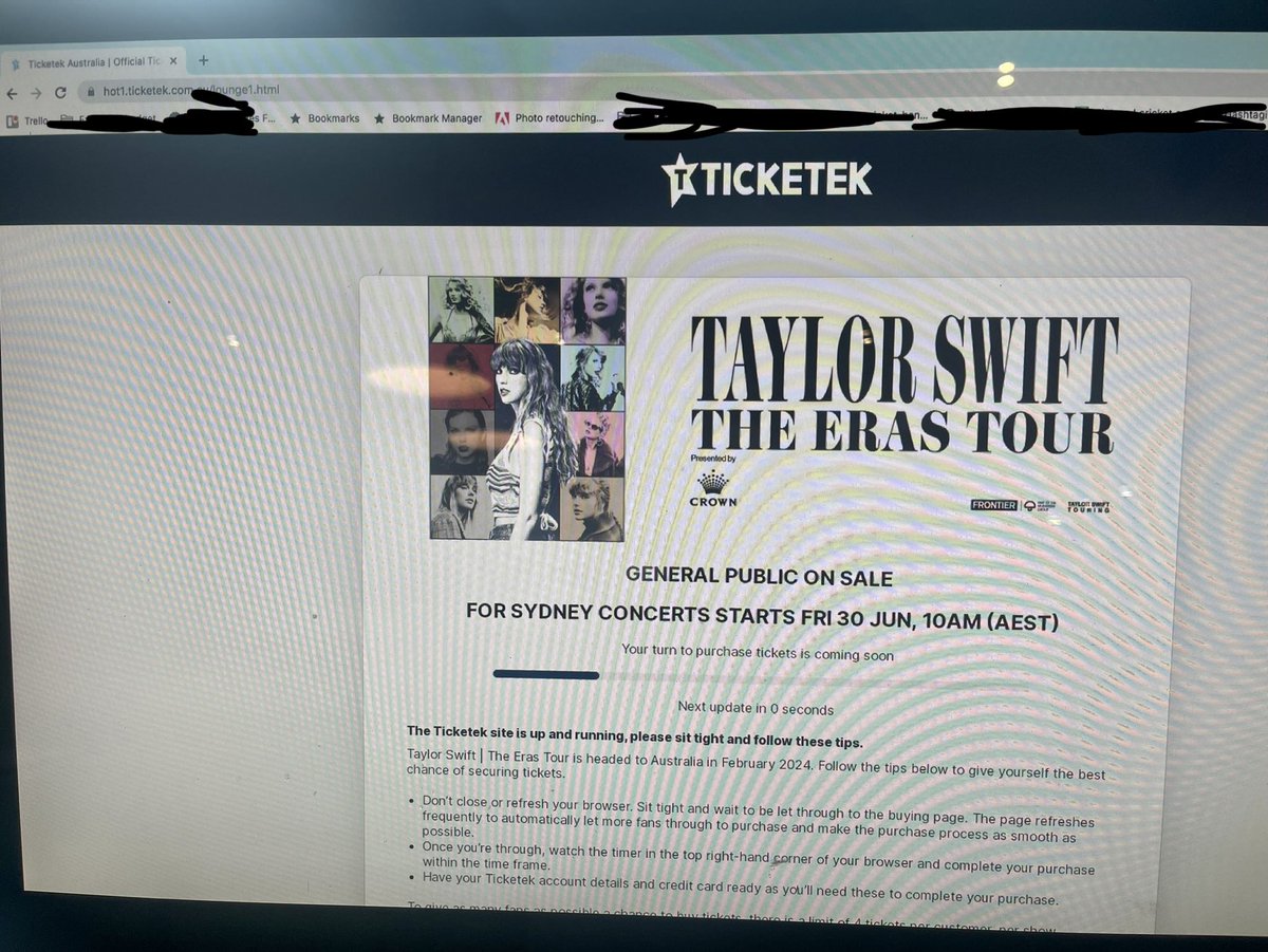 Koolabah1412's tweet photo. ⁦@frontiertouring⁩ ⁦@Ticketek_AU⁩  logged on just before 10am.  Not sure my turn to purchase is really coming at 4.41pm #longdayagain #missedout #wasworrhatry #taytay https://t.co/M28E5Q0gQS