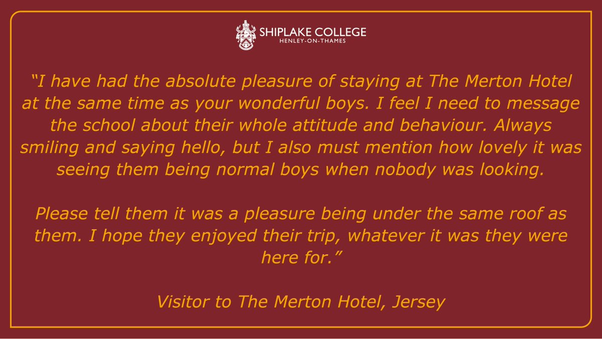 Today's #FeedbackFriday comes from a visitor staying at the same hotel in Jersey as our #ShiplakeYear8, who were on their end of year residential trip last week. It was fantastic to hear that the Shiplake pupils are demonstrating all the core values that we hold dear at Shiplake.