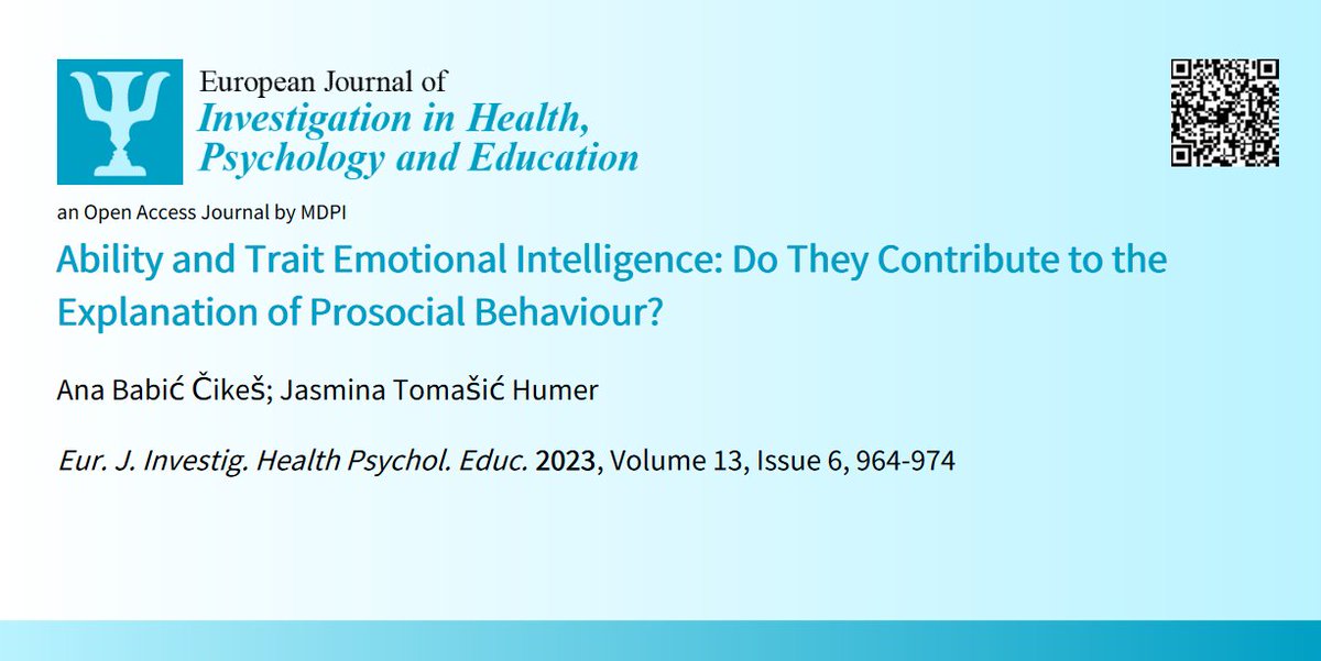EJIHPE_MDPI's tweet photo. 🤩🥳Welcome to read👉"#Ability and #Trait #EmotionalIntelligence: Do They Contribute to the Explanation of #ProsocialBehaviour?"📜by🧑‍🎓A. Babić Čikeš &amp; J. Tomašić Humer:📍https://t.co/kUe7vwaFGW
#empathy #tests #selfreports #universitystudents https://t.co/6ikKQ9dFj3
