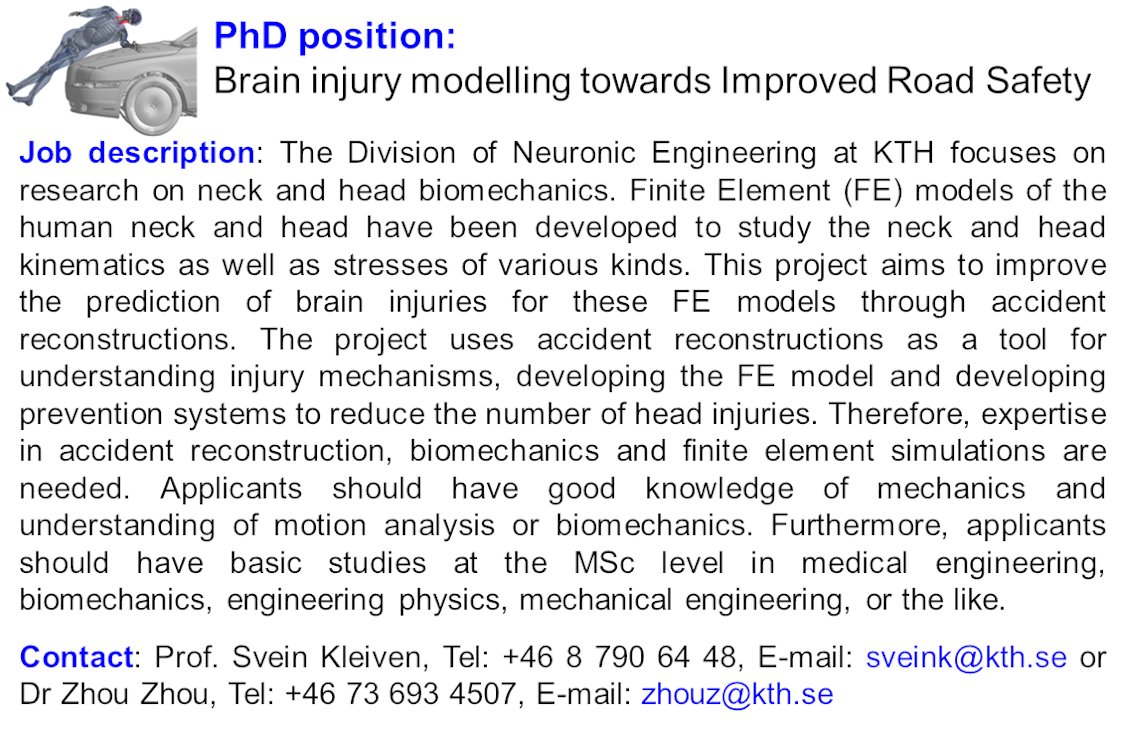 Neuronic_KTH's tweet photo. Interested in doing a PhD in injury biomechanics? We are looking for a PhD student to help us improve the prediction of brain injuries using FE models! Reach out to Prof. Svein Kleiven (sveink@kth.se) or Dr. Zhou Zhou (zhouz@kth.se) for more information. We hope to hear from you! https://t.co/PtmFzbLNNB