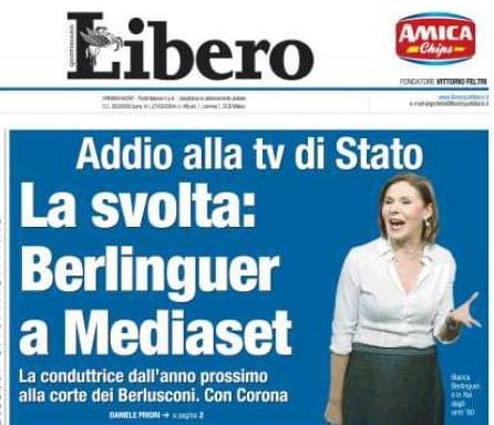 #Berlinguer a Mediaset.

Ora diranno che anche lei ha lasciato la #Rai per scappare da una pericolosa destra al governo? 😅

#CartaMediaset #Mediaset #30giugno