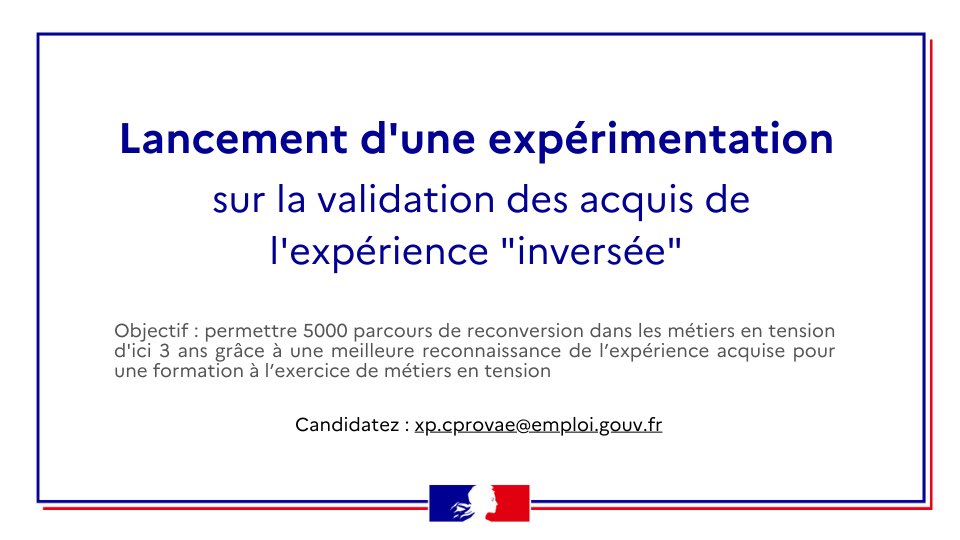 Et si l’alternance permettait aussi de se reconvertir ? C’est l’expérimentation que je lance aujourd’hui avec la #VAE inversée.

✔️ 5000 parcours de formation sur mesure en entreprise dans les métiers en tension.

🚀 Objectif : Obtenir un diplôme et une expérience.

Candidatez ⤵️