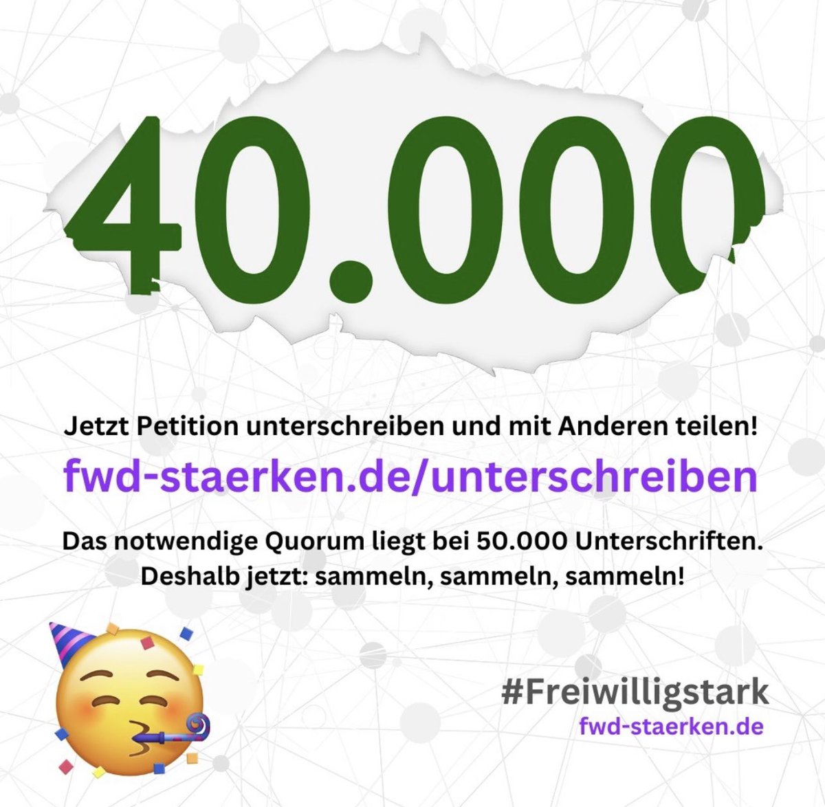 Mehr als 40.000 Menschen haben bereits unterschrieben! Noch mindestens 10.000 Stimmen brauchen wir. +++ Dafür bleiben sechs Tage. Deswegen jetzt nochmal alle Kräfte mobilisieren, sammeln und unterschreiben. Analog und digital. Wir sind #freiwilligstark! Gemeinsam mit Euch!