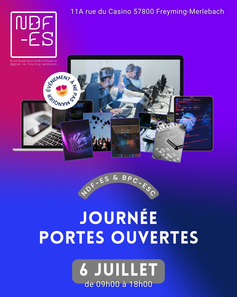 ndf_es's tweet photo. 📷 Rendez-vous le 6 juillet dans les locaux NDF-ES situés au 11 A rue du Casino à Freyming-Merlebach de 09h00 à 18h00 pour échanger sur les études postbac et l'alternance !
Plus d'informations https://t.co/8RD6Oqz0Vj
#Formation #JPO #NDFES #informatique #digital https://t.co/R7xg98EIqz