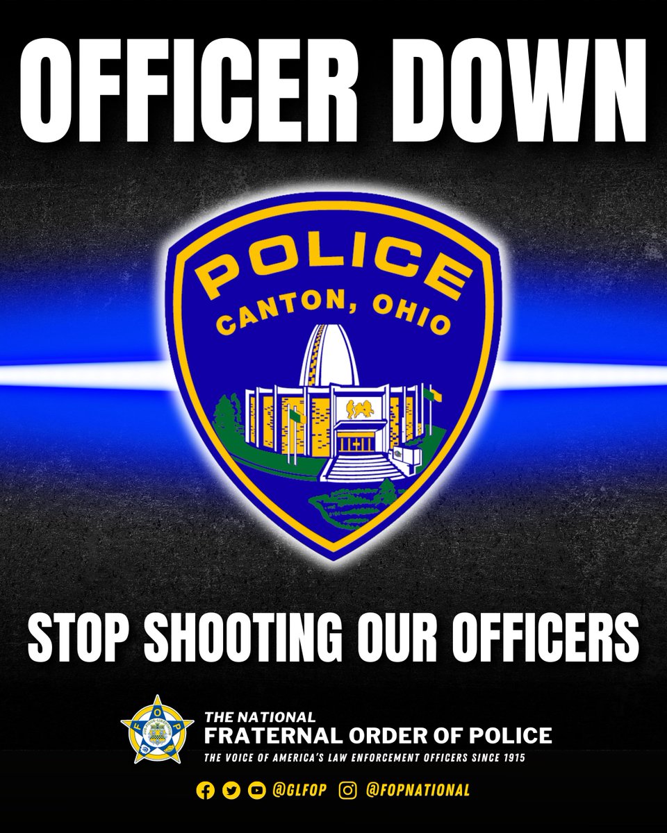 GLFOP's tweet photo. 🚨 OFFICER DOWN: Please pray for the Canton (OH) Police Officer who was shot in the line of duty. While working on an investigation, detectives were fired at by two suspects. The wounded was officer was grazed by a bullet, but not seriously injured during the shooting. One suspect is in custody and another is on the run.

The violence against the men and women of law enforcement is an attack on the foundation of our communities and a stain on society. #NoMore 

STOP SHOOTING OUR OFFICERS!
