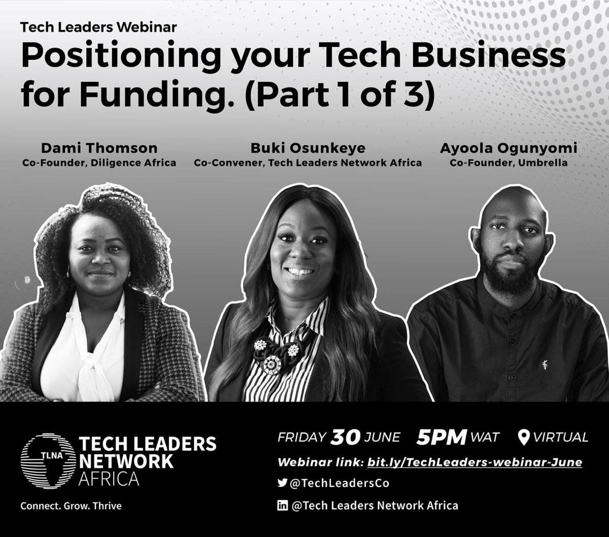 Join @TechLeadersCo  today as they dissect this very important topic - Positioning your Tech Business for Funding.
@nHubNG
@P_ICTDA 
@mehubng 
@theodorelongji 
@JoeyOffAir 
@ImpactBash 
@ThriveMediaHQ 
@AxiaHub 
@plasmeda 
@oluwadaser 
@ericnanle